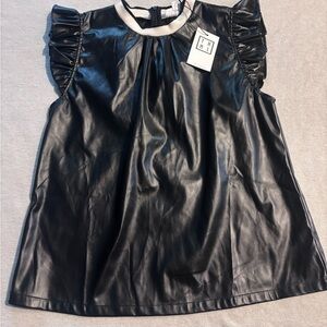 Thml blouse short sleeve. Black faux leather. Size small. Ruffle sleeve. NWT